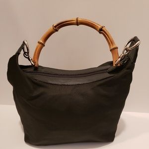 Gucci black nylon hobo bag bambo handle